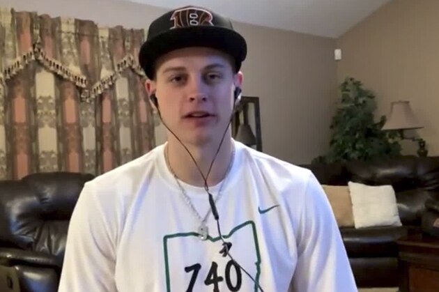 CORRECTS LOCATION TO THE PLAINS, OHIO, INSTEAD OF ATHENS, OHIO - In this still image from video provided by the NFL, LSU quarterback Joe Burrow appears in The Plains, Ohio, during the NFL football draft Thursday, April 23, 2020. (NFL via AP)