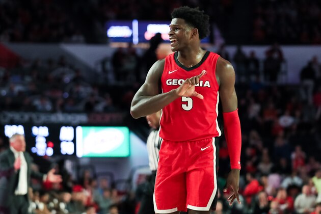 ATHENS, GA - FEBRUARY 19: Anthony Edwards #5 of the Georgia Bulldogs gestures during a game against the Auburn Tigers at Stegeman Coliseum on February 19, 2020 in Athens, Georgia. (Photo by Carmen Mandato/Getty Images)