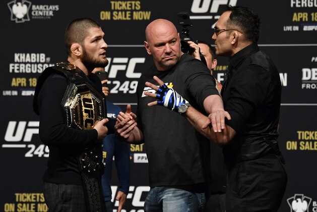LAS VEGAS, NEVADA - MARCH 06: (L-R) Opponents Khabib Nurmagomedov and Tony Ferguson face off during the UFC 249 press conference at T-Mobile Arena on March 06, 2020 in Las Vegas, Nevada. (Photo by Jeff Bottari/Zuffa LLC)