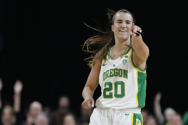 Oregon's Sabrina Ionescu (20) reacts after her team scored against Stanford during the second half of an NCAA college basketball game in the final of the Pac-12 women's tournament Sunday, March 8, 2020, in Las Vegas. (AP Photo/John Locher) Oregon's Sabrina Ionescu (20) reacts after her team scored against Stanford during the second half of an NCAA college basketball game in the final of the Pac-12 women's tournament Sunday, March 8, 2020, in Las Vegas. (AP Photo/John Locher)