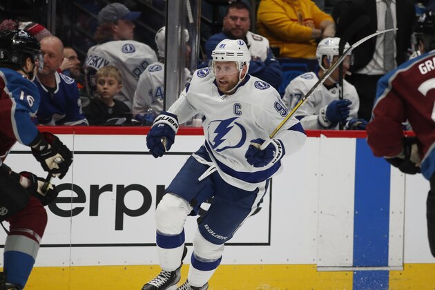 Tampa Bay Lightning center Steven Stamkos (91) in the second period of an NHL hockey game Monday, Feb. 17, 2020, in Denver. (AP Photo/David Zalubowski)