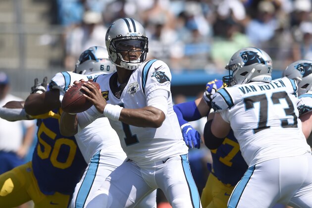 Carolina Panthers quarterback Cam Newton (1) looks to pass against the Los Angeles Rams during the first half an NFL football game in Charlotte, N.C., Sunday, Sept. 8, 2019. (AP Photo/Mike McCarn) Carolina Panthers quarterback Cam Newton (1) looks to pass against the Los Angeles Rams during the first half an NFL football game in Charlotte, N.C., Sunday, Sept. 8, 2019. (AP Photo/Mike McCarn)