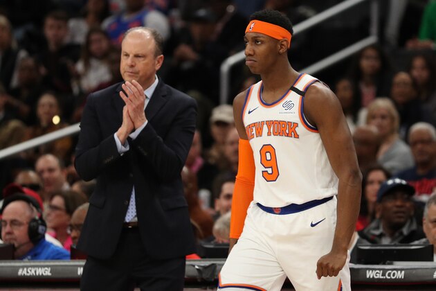 WASHINGTON, DC - MARCH 10: Head coach Mike Miller of the New York Knicks and RJ Barrett #9 of the New York Knicks look on against the Washington Wizards during the first half at Capital One Arena on March 10, 2020 in Washington, DC. NOTE TO USER: User expressly acknowledges and agrees that, by downloading and or using this photograph, User is consenting to the terms and conditions of the Getty Images License Agreement. (Photo by Patrick Smith/Getty Images)