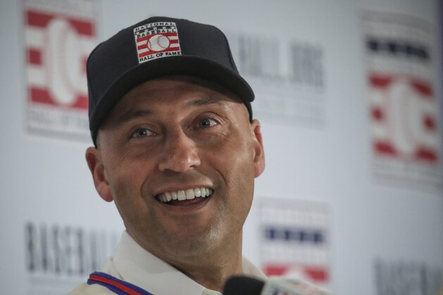 New York Yankees shortstop Derek Jeter speaks during the Baseball Hall of Fame news conference, Wednesday Jan. 22, 2020, in New York. Jeter and Colorado Rockies outfielder Larry Walker will both join the 2020 Hall of Fame class. (AP Photo/Bebeto Matthews)