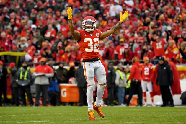 KANSAS CITY, MISSOURI - JANUARY 12:  Tyrann Mathieu #32 of the Kansas City Chiefs celebrates after a defensive stop against the Houston Texans during the AFC Divisional playoff game at Arrowhead Stadium on January 12, 2020 in Kansas City, Missouri. (Photo by Peter Aiken/Getty Images)