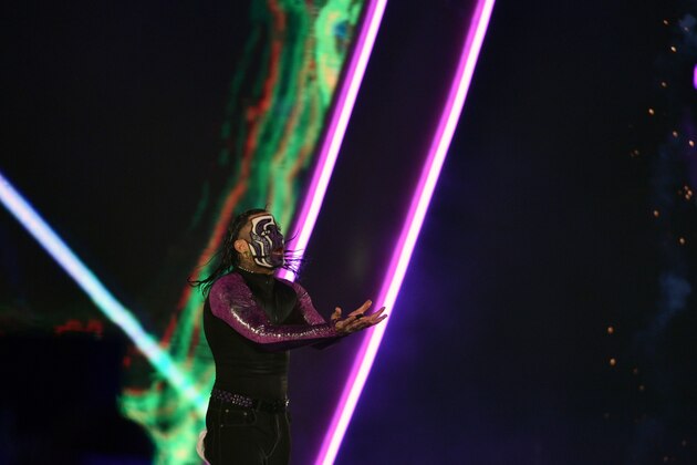 Jeff Hardy makes his way to the ring during the WWE World Cup Quarterfinal match as part of as part of the World Wrestling Entertainment (WWE) Crown Jewel pay-per-view at the King Saud University Stadium in Riyadh on November 2, 2018. (Photo by Fayez Nureldine / AFP)        (Photo credit should read FAYEZ NURELDINE/AFP via Getty Images)