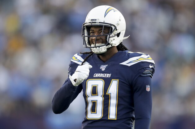Los Angeles Chargers wide receiver Mike Williams celebrates during the second half of an NFL football game against the Green Bay Packers Sunday, Nov. 3, 2019, in Carson, Calif. (AP Photo/Marcio Jose Sanchez)
