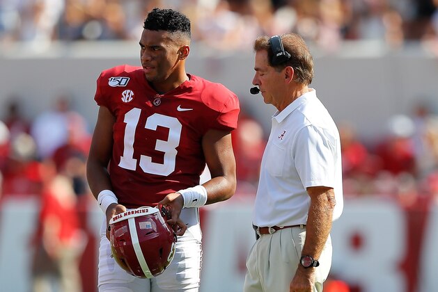 TUSCALOOSA, ALABAMA - SEPTEMBER 07:  Head coach Nick Saban of the Alabama Crimson Tide converses with Tua Tagovailoa #13 against the New Mexico State Aggies at Bryant-Denny Stadium on September 07, 2019 in Tuscaloosa, Alabama. (Photo by Kevin C. Cox/Getty Images)