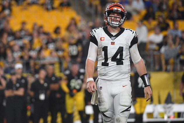 PITTSBURGH, PA - SEPTEMBER 30: Andy Dalton #14 of the Cincinnati Bengals walks off the field after being stopped on a fourth down play in the second half during the game against the Pittsburgh Steelers at Heinz Field on September 30, 2019 in Pittsburgh, Pennsylvania. (Photo by Justin Berl/Getty Images)
