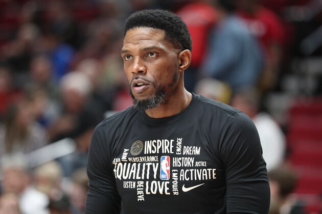 PORTLAND, OREGON - FEBRUARY 09: Udonis Haslem #40 of the Miami Heat looks on prior to taking on the Portland Trail Blazers during their game at Moda Center on February 09, 2020 in Portland, Oregon. NOTE TO USER: User expressly acknowledges and agrees that, by downloading and or using this photograph, User is consenting to the terms and conditions of the Getty Images License Agreement. (Photo by Abbie Parr/Getty Images)