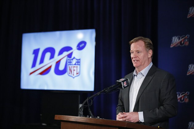 NFL Commissioner Roger Goodell speaks to the media during the NFL football owners meeting on Wednesday, May 22, 2019, in Key Biscayne, Fla. (AP Photo/Brynn Anderson)