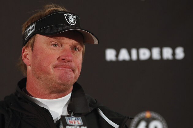 Oakland Raiders head coach Jon Gruden speaks after an NFL football game against the Denver Broncos Sunday, Dec. 29, 2019, in Denver. (AP Photo/David Zalubowski) Oakland Raiders head coach Jon Gruden speaks after an NFL football game against the Denver Broncos Sunday, Dec. 29, 2019, in Denver. (AP Photo/David Zalubowski)