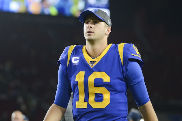 LOS ANGELES, CALIFORNIA - DECEMBER 08: Quarterback Jared Goff #16 of the Los Angeles Rams leaves the field after defeating the Seattle Seahawks at Los Angeles Memorial Coliseum on December 08, 2019 in Los Angeles, California. (Photo by Meg Oliphant/Getty Images)