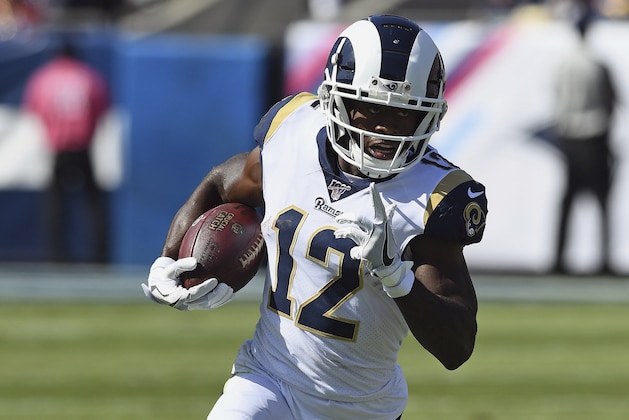 Los Angeles Rams wide receiver Brandin Cooks (12) heads up field after getting the ball in the backfield on a reverse during the first half of an NFL football game against the San Francisco 49ers, Sunday, October 13, 2019 in Los Angeles. The 49ers defeated the Rams 20-7. (John Cordes/AP Images for Panini)