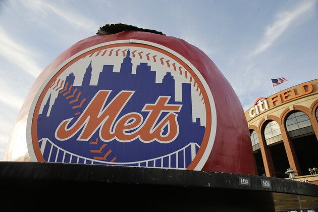 The New York Mets logo is displayed Citi Field before Friday's Game 3 of the Major League Baseball World Series between the Mets and the Kansas City Royals, Thursday, Oct. 29, 2015, in New York. (AP Photo/Peter Morgan)
