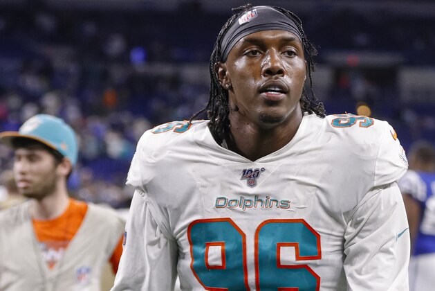 INDIANAPOLIS, IN - NOVEMBER 10: Taco Charlton #96 of the Miami Dolphins is seen after the game against the Indianapolis Colts at Lucas Oil Stadium on November 10, 2019 in Indianapolis, Indiana. (Photo by Michael Hickey/Getty Images)