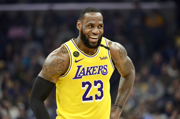 Los Angeles Lakers forward LeBron James (23) reacts in the second half of an NBA basketball game against the Memphis Grizzlies Saturday, Feb. 29, 2020, in Memphis, Tenn. (AP Photo/Brandon Dill)