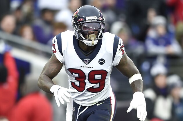 Houston Texans free safety Tashaun Gipson in action against the Baltimore Ravens during the second half of an NFL football game, Sunday, Nov. 17, 2019, in Baltimore. (AP Photo/Gail Burton)