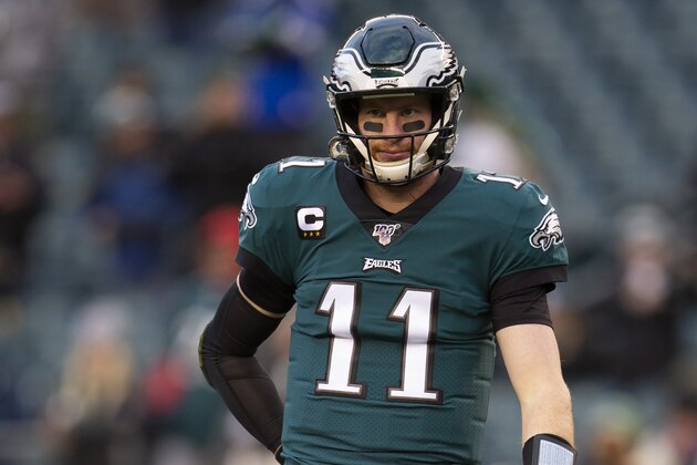 PHILADELPHIA, PA - JANUARY 05: Carson Wentz #11 of the Philadelphia Eagles looks on prior to the NFC Wild Card game against the Seattle Seahawks at Lincoln Financial Field on January 5, 2020 in Philadelphia, Pennsylvania. (Photo by Mitchell Leff/Getty Images)