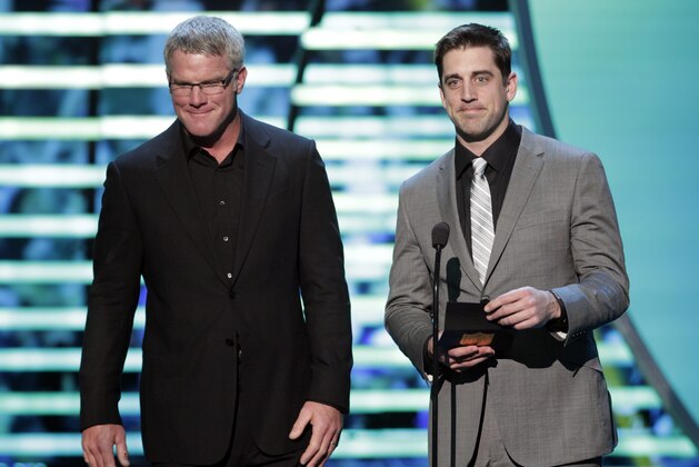Brett Favre, left, and Aaron Rodgers present at the 2nd Annual NFL Honors on Saturday, Feb. 2, 2013 in New Orleans. (Photo by AJ Mast/Invision/AP)