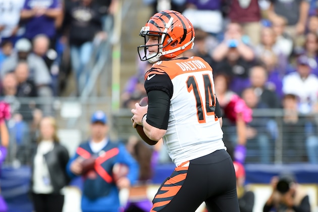 BALTIMORE, MD - OCTOBER 13: Andy Dalton #14 of the Cincinnati Bengals looks to pass against the Baltimore Ravens during the first half at M&T Bank Stadium on October 13, 2019 in Baltimore, Maryland. (Photo by Will Newton/Getty Images)