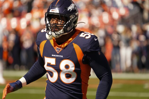Denver Broncos outside linebacker Von Miller warms up before an NFL football game against the Tennessee Titans, Sunday, Oct. 13, 2019, in Denver. (AP Photo/Jack Dempsey)