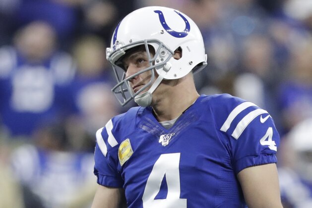 Indianapolis Colts kicker Adam Vinatieri (4) watches an extra point during the second half of an NFL football game against the Jacksonville Jaguars, Sunday, Nov. 17, 2019, in Indianapolis. (AP Photo/Michael Conroy)