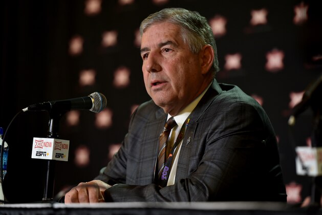 KANSAS CITY, MISSOURI - MARCH 12: Bob Bowlsby, commissioner of the Big 12, talks to the media as he announces that the Big 12 basketball tournament has been cancelled due to growing concerns with the Coronavirus (COVID-19) outbreak at the Sprint Center on March 12, 2020 in Kansas City, Missouri. (Photo by Ed Zurga/Getty Images)