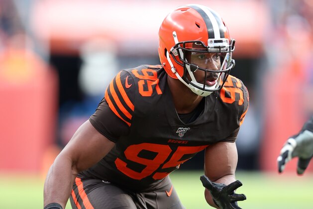 DENVER, CO - NOVEMBER 03:  Myles Garrett #95 of the Cleveland Browns in action during the game against the Denver Broncos at Empower Field at Mile High on November 3, 2019 in Denver, Colorado.  The Broncos defeated the Browns 24-19.  (Photo by Rob Leiter/Getty Images)