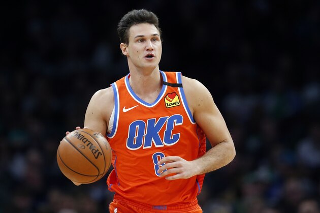 Oklahoma City Thunder's Danilo Gallinari plays against the Boston Celtics during an NBA basketball game, Sunday, March, 8, 2020, in Boston. (AP Photo/Michael Dwyer)