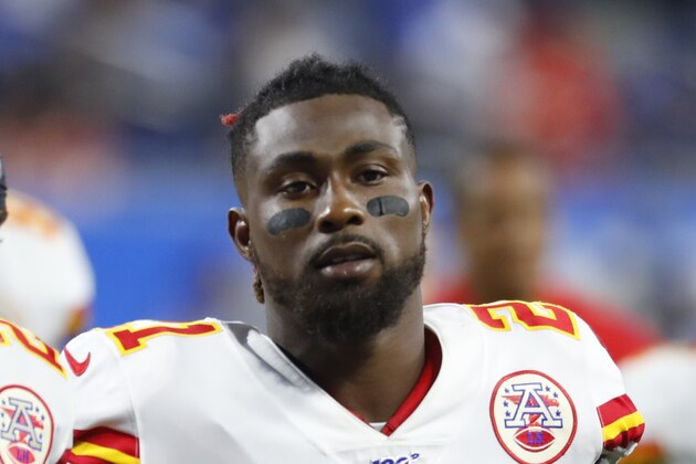 Kansas City Chiefs defensive back Bashaud Breeland (21) watches during an NFL football game against the Detroit Lions in Detroit, Sunday, Sept. 29, 2019. (AP Photo/Paul Sancya)