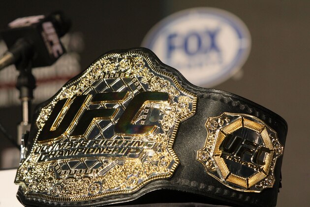 HOLLYWOOD, CA - SEPTEMBER 20:  A detailed view of the UFC Championship belt prior to the UFC on Fox: Velasquez v Dos Santos - Press Conference at W Hollywood on September 20, 2011 in Hollywood, California.  (Photo by Victor Decolongon/Getty Images)