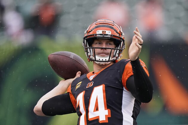 Cincinnati Bengals quarterback Andy Dalton warms up before an NFL football game against the Cleveland Browns, Sunday, Dec. 29, 2019, in Cincinnati. (AP Photo/Bryan Woolston)