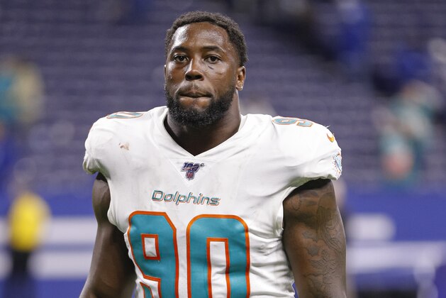 INDIANAPOLIS, IN - NOVEMBER 10: Charles Harris #90 of the Miami Dolphins is seen after the game against the Indianapolis Colts at Lucas Oil Stadium on November 10, 2019 in Indianapolis, Indiana. (Photo by Michael Hickey/Getty Images)