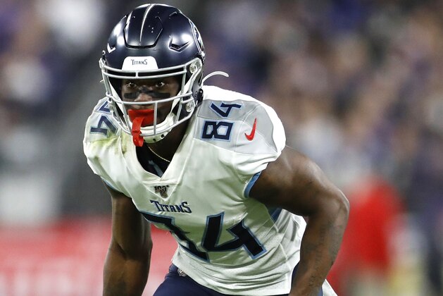 Tennessee Titans wide receiver Corey Davis runs a route against the Baltimore Ravens during the second half of an NFL divisional playoff football game, Saturday, Jan. 11, 2020, in Baltimore. The Titans won 28-12. (AP Photo/Julio Cortez)