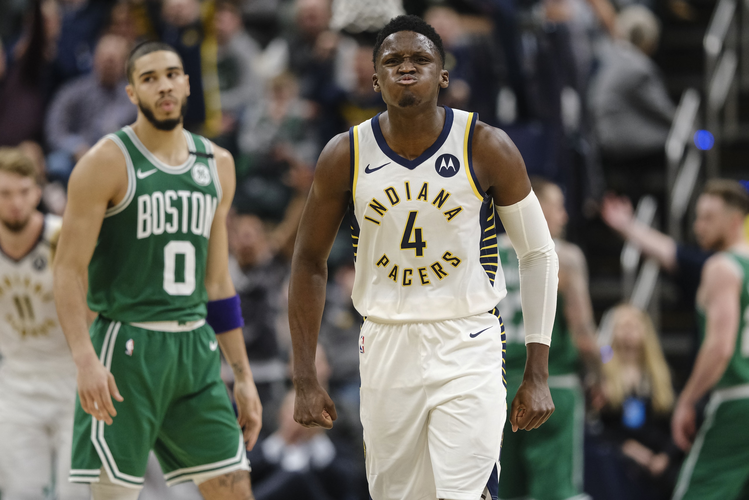 Indiana Pacers guard Victor Oladipo (4) reacts to making a shot late in the fourth quarter against the Boston Celtics in an NBA basketball game in Indianapolis, Tuesday, March 10, 2020. (AP Photo/AJ Mast) Indiana Pacers guard Victor Oladipo (4) reacts to making a shot late in the fourth quarter against the Boston Celtics in an NBA basketball game in Indianapolis, Tuesday, March 10, 2020. (AP Photo/AJ Mast)