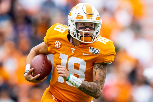 KNOXVILLE, TN - OCTOBER 12: Brian Maurer #18 of the Tennessee Volunteers rushes during a game against the Mississippi State Bulldogs at Neyland Stadium on October 12, 2019 in Knoxville, Tennessee. (Photo by Carmen Mandato/Getty Images)