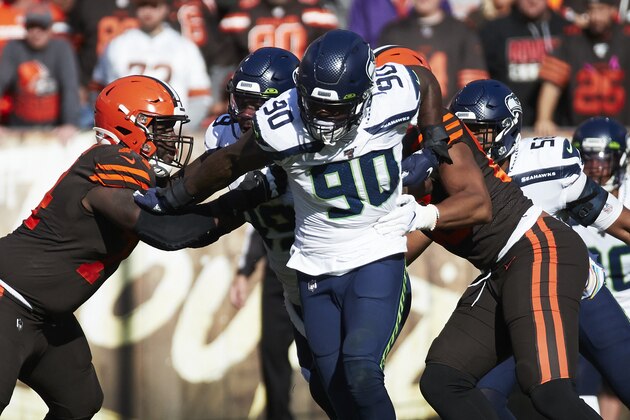 Seattle Seahawks outside linebacker Jadeveon Clowney (90) rushes against the Cleveland Browns during an NFL football game in Cleveland, Sunday, Oct. 13, 2019,(AP Photo/Rick Osentoski)