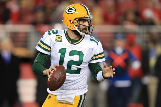 SANTA CLARA, CALIFORNIA - JANUARY 19: Aaron Rodgers #12 of the Green Bay Packers looks to pass against the San Francisco 49ers during the NFC Championship game at Levi's Stadium on January 19, 2020 in Santa Clara, California. (Photo by Sean M. Haffey/Getty Images)