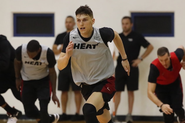 Miami Heat's Tyler Herro runs during the team's NBA basketball practice at Keiser University, Tuesday, Oct. 1, 2019, in West Palm Beach, Fla. (AP Photo/Wilfredo Lee)