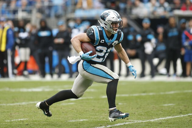 Carolina Panthers running back Christian McCaffrey (22) runs against the New Orleans Saints during the first half of an NFL football game in Charlotte, N.C., Sunday, Dec. 29, 2019. (AP Photo/Brian Blanco)