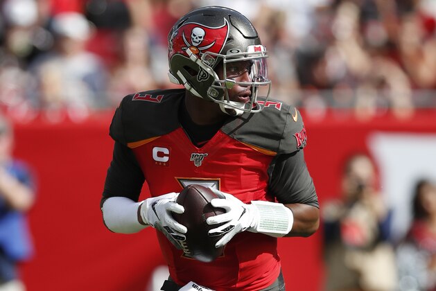 Tampa Bay Buccaneers quarterback Jameis Winston (3) looks to throw a pass against the Atlanta Falcons during an NFL football game Sunday, Dec. 29, 2019, in Tampa, Fla. The Falcons won the game 28-22 in overtime. (Jeff Haynes/AP Images for Panini)