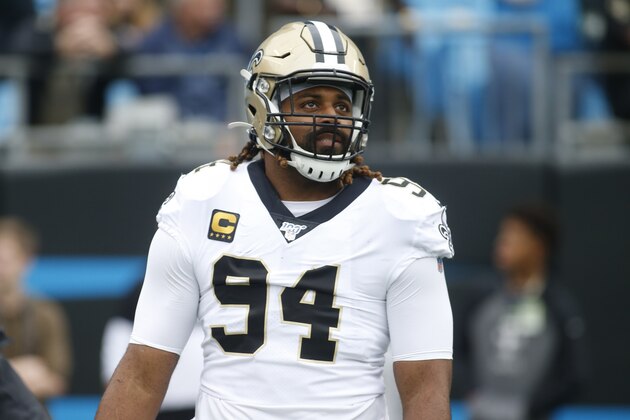 New Orleans Saints defensive end Cameron Jordan (94) is seen prior to an NFL football game against the Carolina Panthers in Charlotte, N.C., Sunday, Dec. 29, 2019. (AP Photo/Brian Blanco)