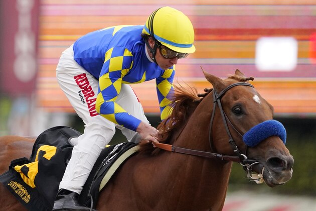 Charlatan, ridden by Drayden Van Dyke, wins the sixth race at Santa Anita on Saturday, March 14, 2020, in Arcadia, Calif. (AP Photo/Mark J. Terrill)