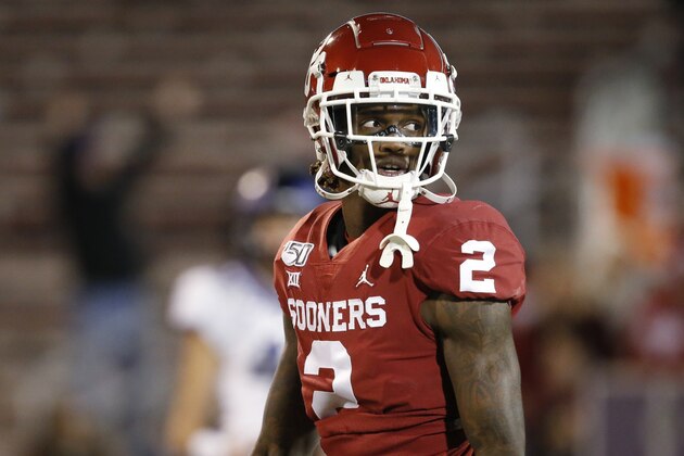 Oklahoma wide receiver CeeDee Lamb (2) before an NCAA college football game against TCU in Norman, Okla., Saturday, Nov. 23, 2019. (AP Photo/Sue Ogrocki)