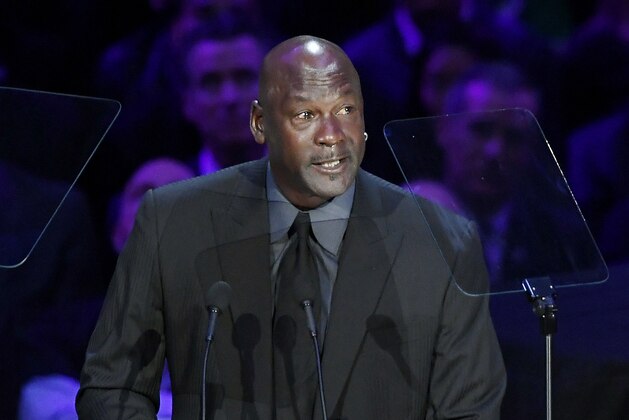 LOS ANGELES, CALIFORNIA - FEBRUARY 24: Michael Jordan speaks during The Celebration of Life for Kobe & Gianna Bryant at Staples Center on February 24, 2020 in Los Angeles, California. (Photo by Kevork Djansezian/Getty Images)