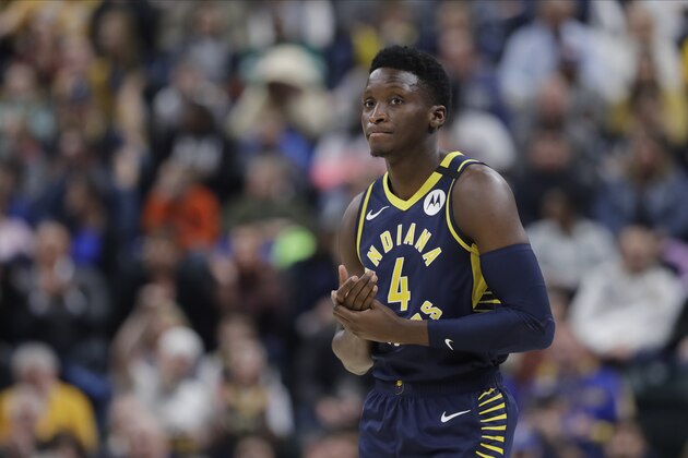 Indiana Pacers' Victor Oladipo (4) enters the game during the first half of an NBA basketball game against the New York Knicks, Saturday, Feb. 1, 2020, in Indianapolis. (AP Photo/Darron Cummings)