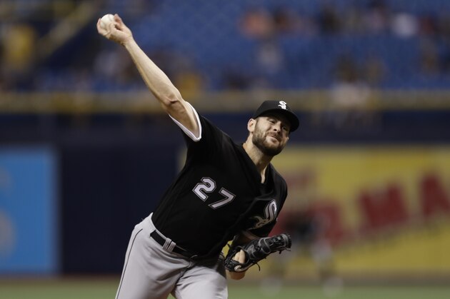 Chicago White Sox starting pitcher Lucas Giolito (27) during the first inning of a baseball game against the Tampa Bay Rays Friday, Aug. 3, 2018, in St. Petersburg, Fla. (AP Photo/Chris O'Meara)