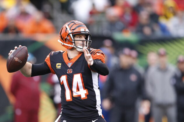 Cincinnati Bengals quarterback Andy Dalton (14) looks to throw during the first half of an NFL football game against the Cleveland Browns, Sunday, Dec. 29, 2019, in Cincinnati. (AP Photo/Gary Landers)