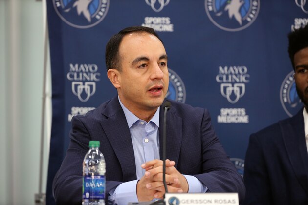MINNEAPOLIS, MN - JULY 23: President of Basketball Operations, Gersson Rosas, of the Minnesota Timberwolves speaks during the introductory press conference on July 23, 2019 at the Minnesota Timberwolves and Lynx Courts at Mayo Clinic Square in Minneapolis, Minnesota. NOTE TO USER: User expressly acknowledges and agrees that, by downloading and/or using this photograph, user is consenting to the terms and conditions of the Getty Images License Agreement. Mandatory Copyright Notice: Copyright 2019 NBAE (Photo by David Sherman/NBAE via Getty Images)